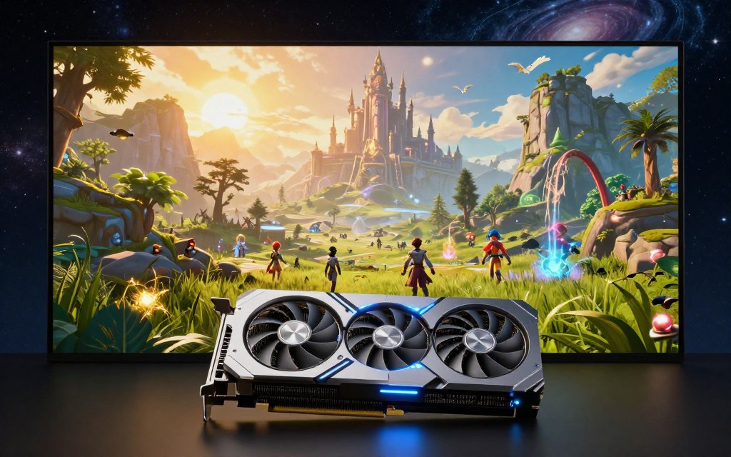 Graphics card rendering a detailed video game scene